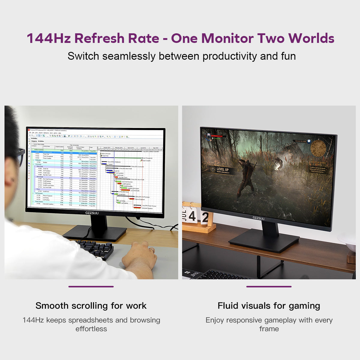 CLOUDWING: GEESUU 27 Inch Computer Monitor, PC Gaming Monitors 144Hz, 6ms, FHD 1080p, Eye-Care Screen, Lowblue, 99% sRGB, VESA 75x75mm, HDMI 2.0 & DP 1.4