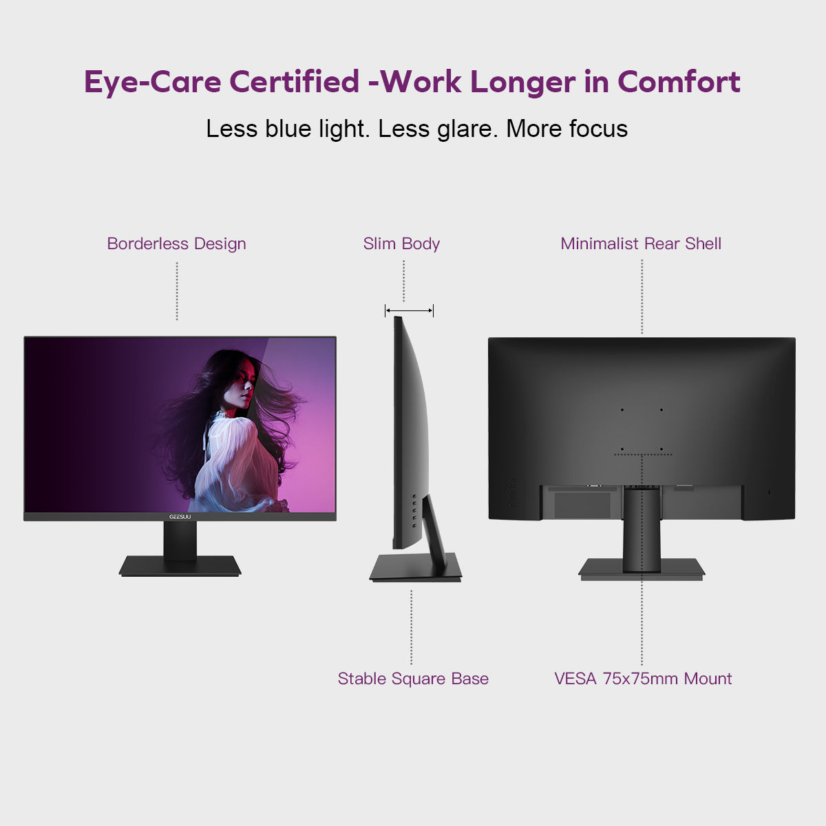 CLOUDWING: GEESUU 27 Inch Computer Monitor, PC Gaming Monitors 144Hz, 6ms, FHD 1080p, Eye-Care Screen, Lowblue, 99% sRGB, VESA 75x75mm, HDMI 2.0 & DP 1.4