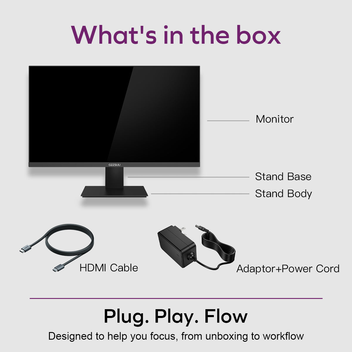 CLOUDWING: GEESUU 24 Inch Computer Monitor, PC Gaming Monitors 144Hz, 6ms, FHD 1080p, Eye-Care Screen, Lowblue, 99% sRGB, VESA 75x75mm, HDMI 2.0 & DP 1.4
