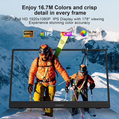 GEESUU Portable Monitor 15.6" FHD HDR IPS Travel Laptop Screen Extender | With Magic Sleeve Cloth, 1080P USB-C HDMI Plug&Play External Display, Speakers, for Laptop/Mac/Phone/PS4/Xbox/Switch, Office
