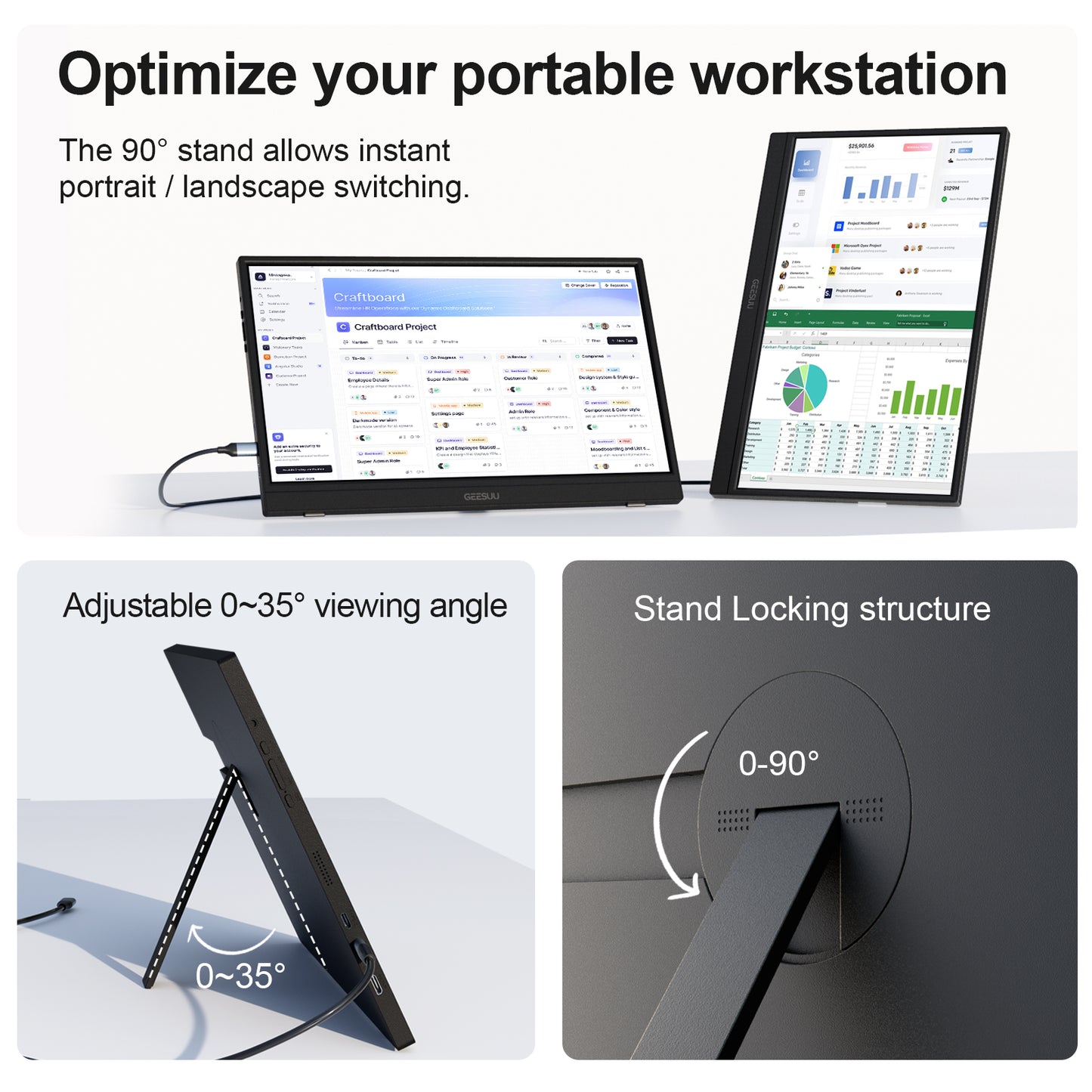 GEESUU Portable Monitor 15.6" FHD HDR IPS Travel Laptop Screen Extender | With Magic Sleeve Cloth, 1080P USB-C HDMI Plug&Play External Display, Speakers, for Laptop/Mac/Phone/PS4/Xbox/Switch, Office