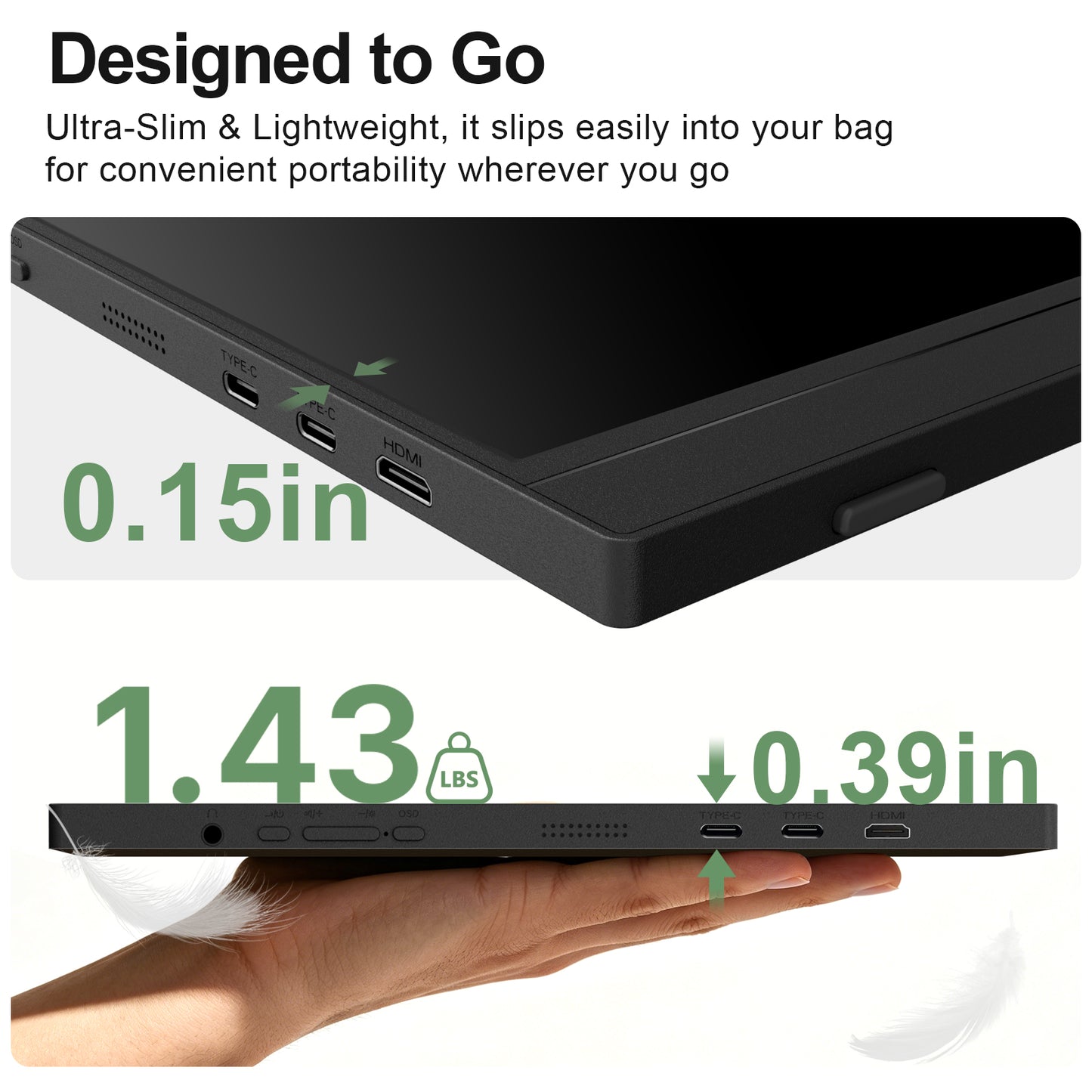 GEESUU Portable Monitor 15.6" FHD HDR IPS Travel Laptop Screen Extender | With Magic Sleeve Cloth, 1080P USB-C HDMI Plug&Play External Display, Speakers, for Laptop/Mac/Phone/PS4/Xbox/Switch, Office
