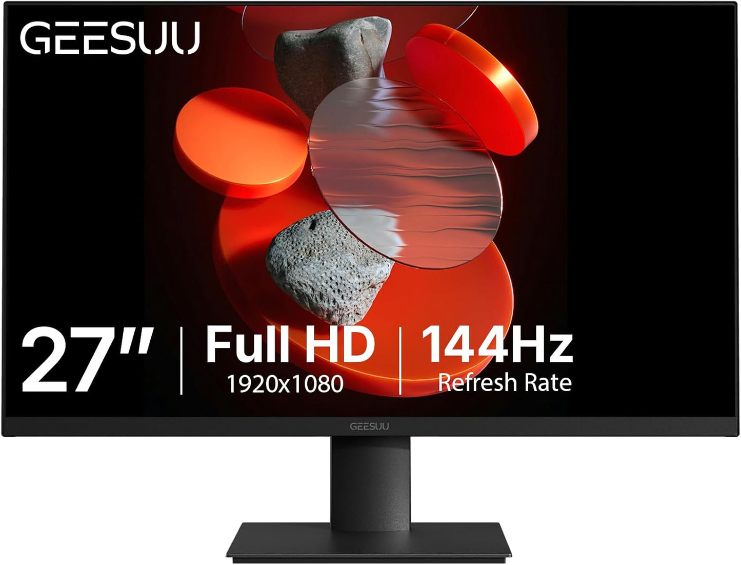 GEESUU 27 inch FHD Monitor 144Hz, VA Panel, 5ms MPRT, HDR10 | Computer Screen for Office Gaming, 1080P PC Display, Slim Bezel, sRGB 99%, Tilt Adjustable, VESA 75x75mm, 1xHDMI2.0, 1xDP1.4