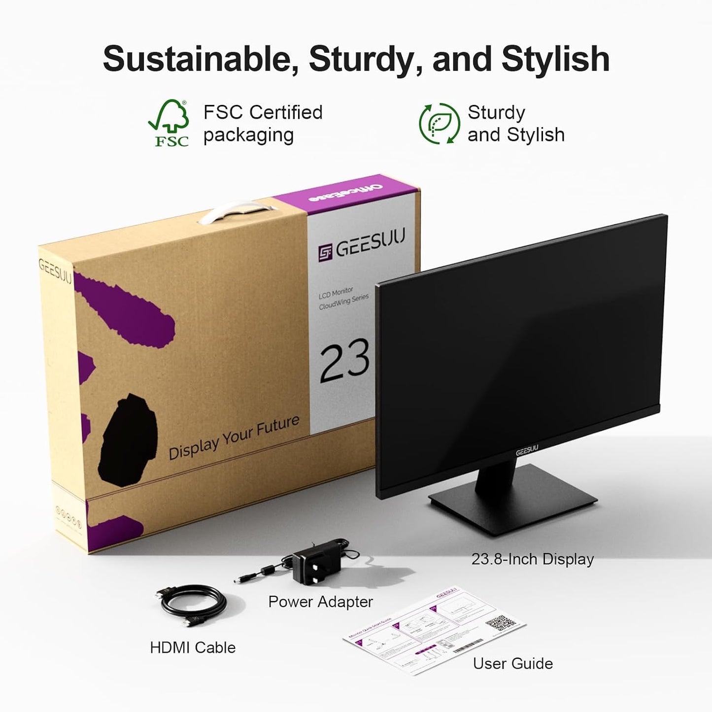 GEESUU 24 inch FHD Monitor 144Hz, VA Panel, 5ms MPRT, HDR10 | Computer Screen for Office Gaming, 1080P PC Display, Slim Bezel, sRGB 99%, Tilt Adjustable, VESA 75x75mm, 1xHDMI2.0, 1xDP1.4