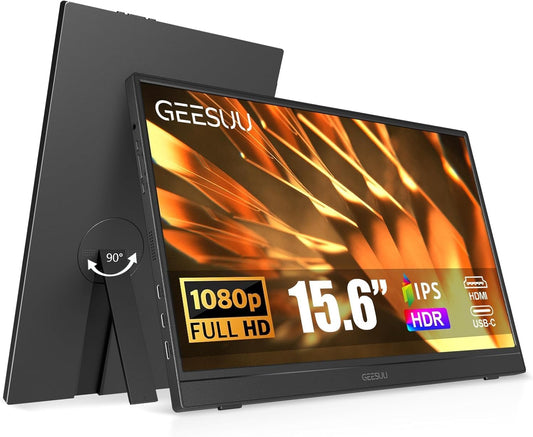 GEESUU Portable Monitor 15.6" FHD HDR IPS Travel Laptop Screen Extender | 1080P HDR with Kickstand Speakers USB-C HDMI, Plug&Play Computer Display Second External Compatible with Laptop PC Phone Mac