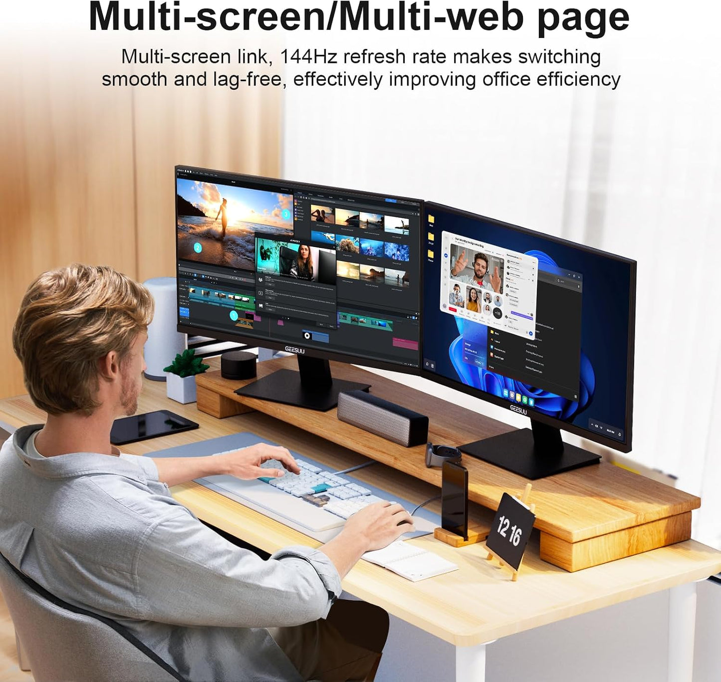 GEESUU 24 inch FHD Monitor 144Hz, VA Panel, 5ms MPRT, HDR10 | Computer Screen for Office Gaming, 1080P PC Display, Slim Bezel, sRGB 99%, Tilt Adjustable, VESA 75x75mm, 1xHDMI2.0, 1xDP1.4