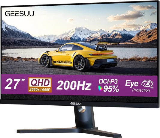 GEESUU 27 Inch Gamer PC Screen, QHD 1440p, Computer 200hz, 1ms, IPS, 95% DCI-P3, 1200:1, Eye Care Screen, Gaming HDMI 2.1 & DP 1.4