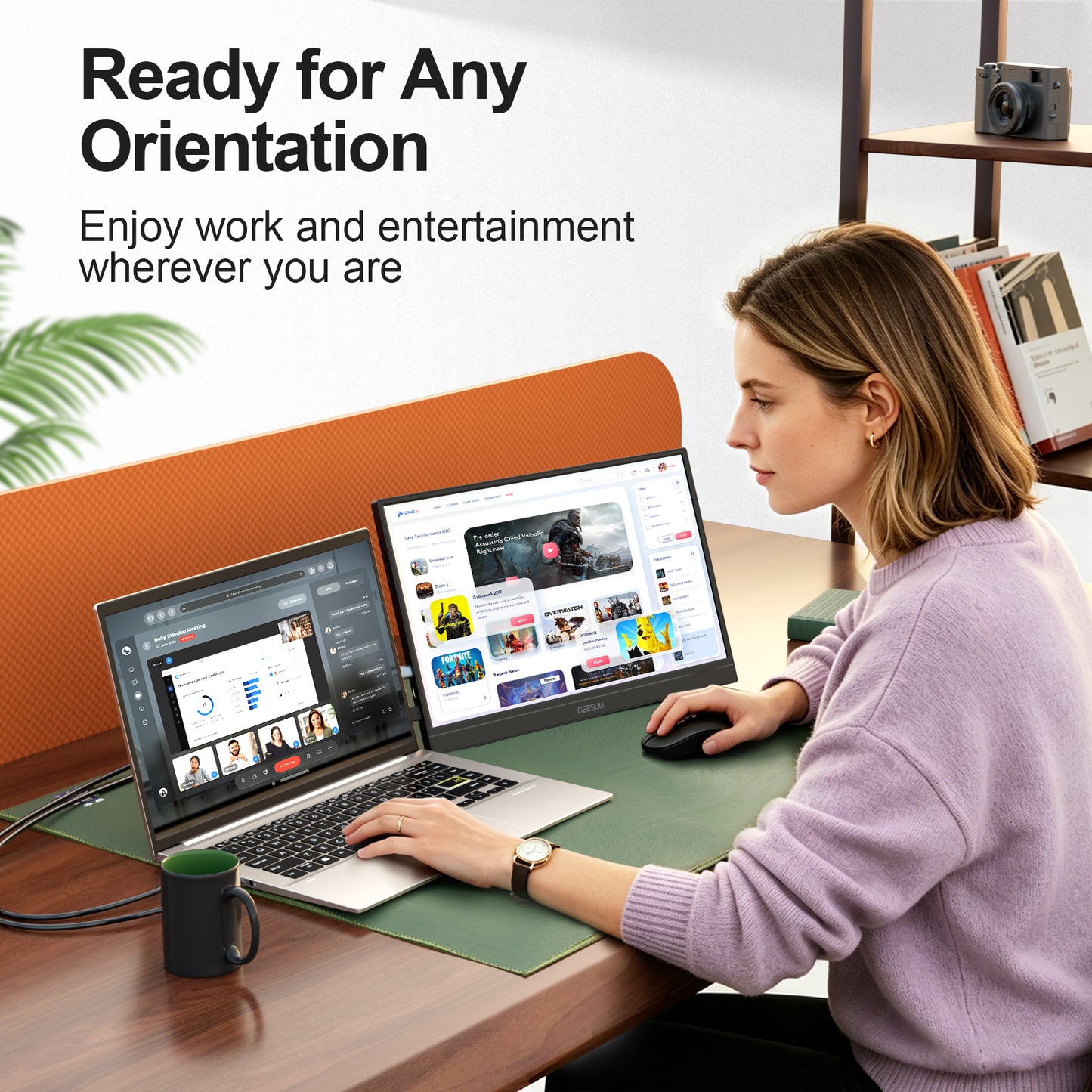GEESUU Portable Monitor 15.6" FHD HDR IPS Travel Laptop Screen Extender | With Magic Sleeve Cloth, 1080P USB-C HDMI Plug&Play External Display, Speakers, for Laptop/Mac/Phone/PS4/Xbox/Switch, Office